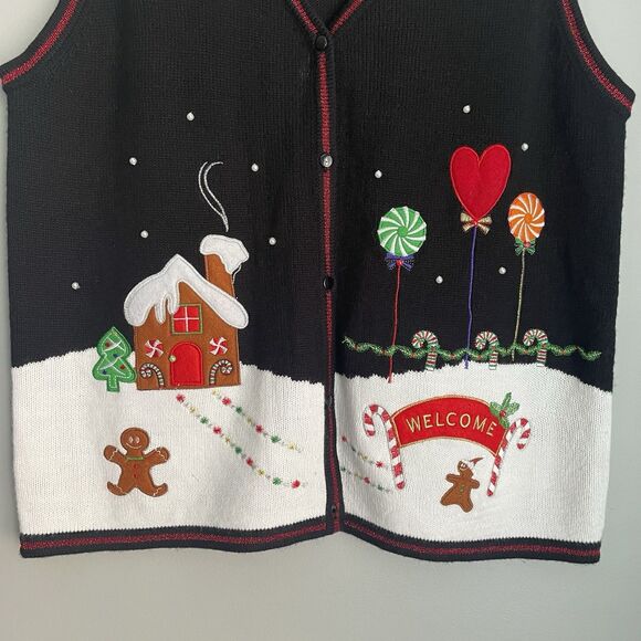 Gingerbread Christmas Tree Faux Pearl Sweater Vest XXL Sz 20 Black Lollipops Fun - Picture 4 of 14